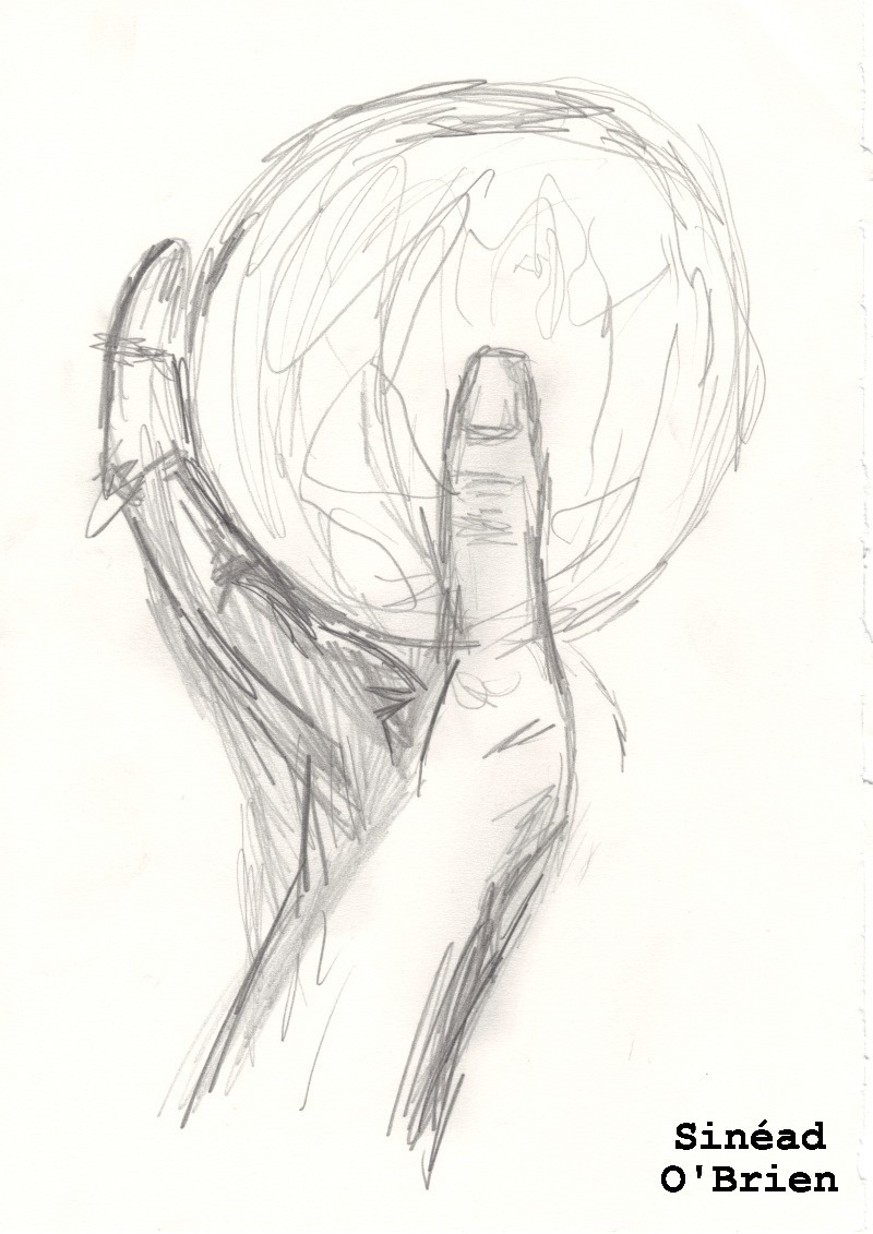 Hand holding a globe sketch