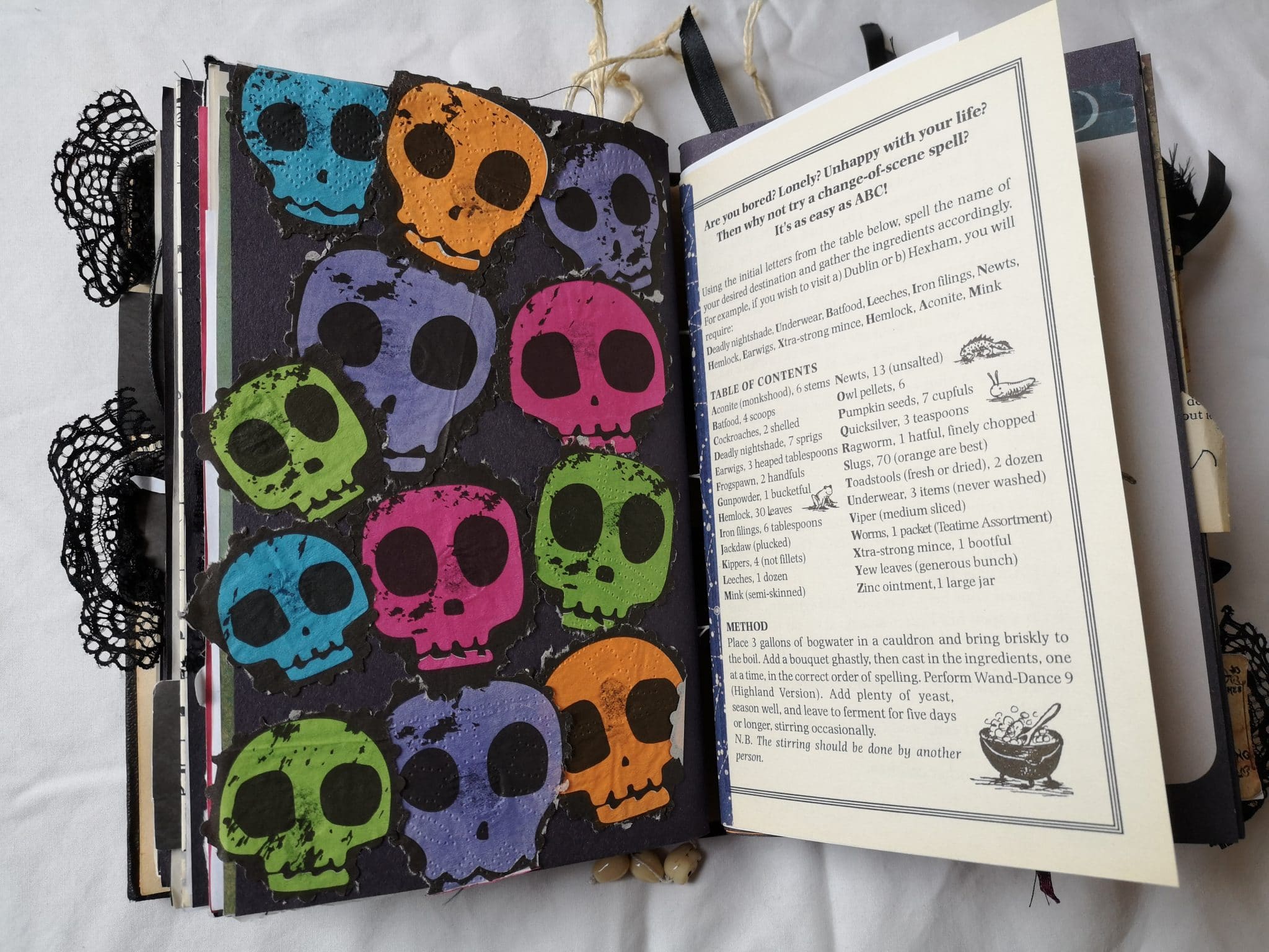 Skeletons page from inside Gothic junk journal