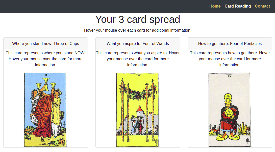 Page displaying 3 tarot cards side by side.